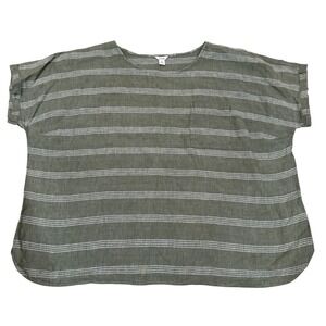 LL Bean Women 100% Linen 3X Top Plus Olive Green Striped Short Sleeve Blouse